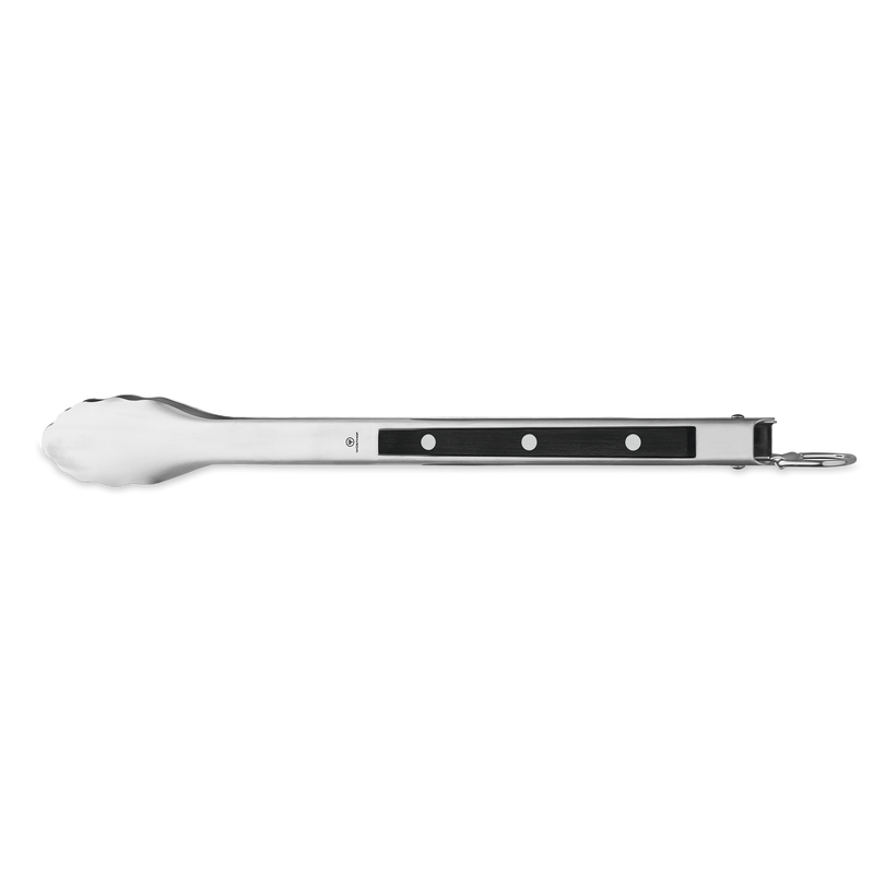 4-Piece BBQ Set stainless steel locking tongs with black riveted handle and hanging loop designed for secure grilling and handling tasks.