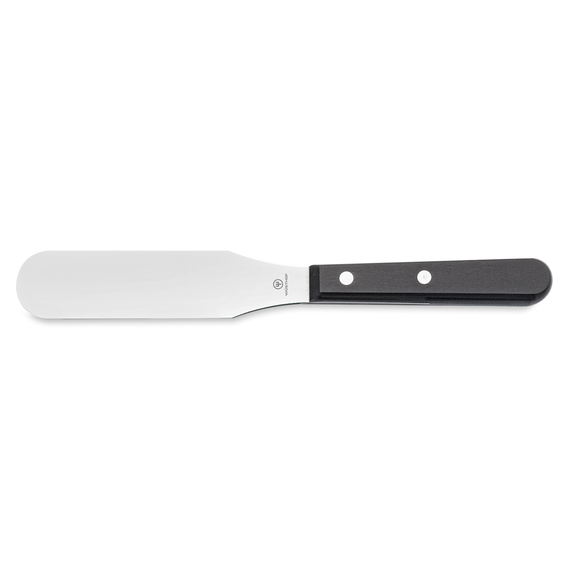 Gourmet Spatula with a smooth stainless steel blade and a black handle secured by two metal rivets for reliable kitchen use.