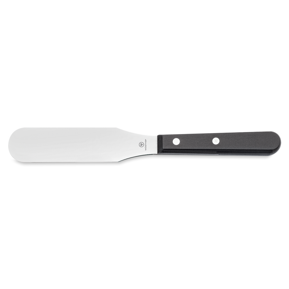 Gourmet Spatula with a smooth stainless steel blade and a black handle secured by two metal rivets for reliable kitchen use.