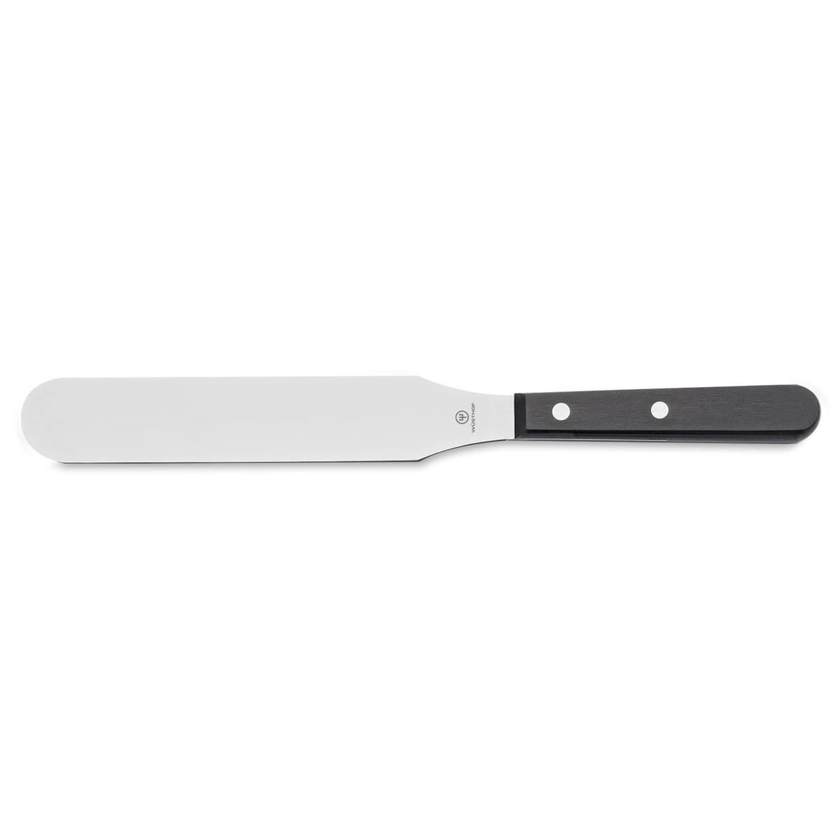 Palette Knife with a polished stainless steel flexible blade and a durable black handle secured by three rivets, designed for precise spreading and lifting.