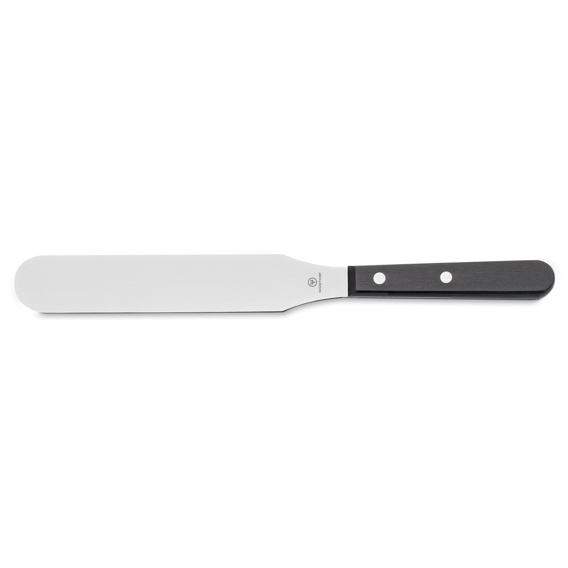 Palette Knife with a polished stainless steel flexible blade and a durable black handle secured by three rivets, designed for precise spreading and lifting.