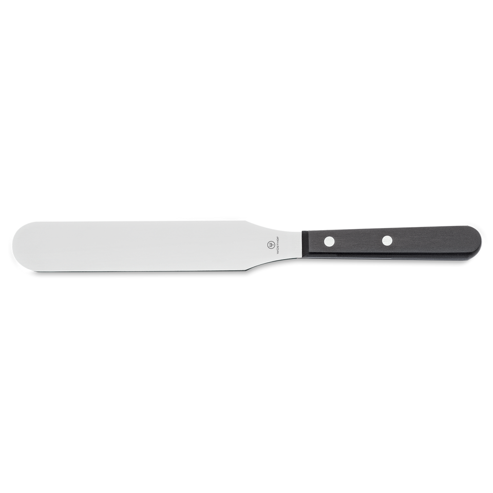 Palette Knife with a polished stainless steel flexible blade and a durable black handle secured by three rivets, designed for precise spreading and lifting.