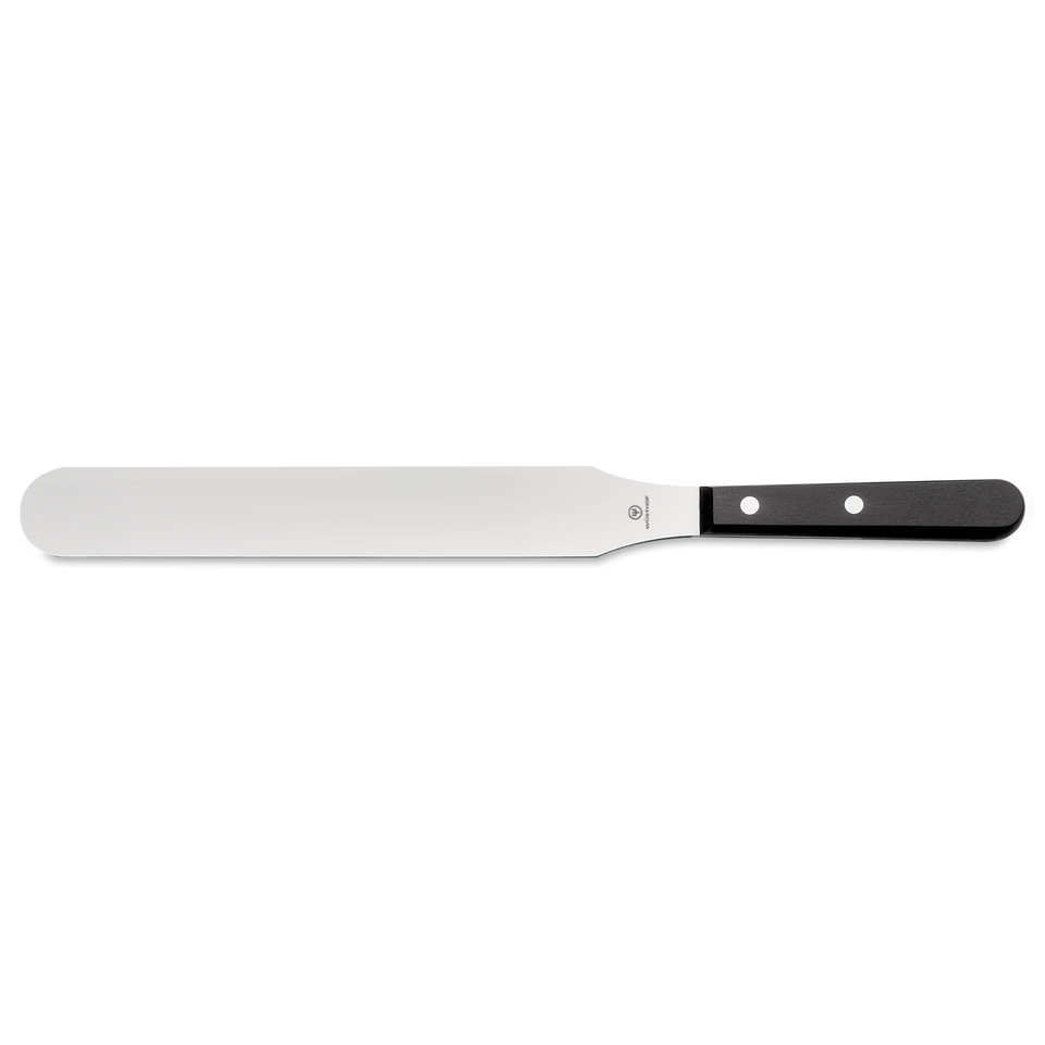 Palette Knife with a long, flexible stainless steel blade and a black handle secured by two rivets, designed for versatile spreading and lifting tasks.