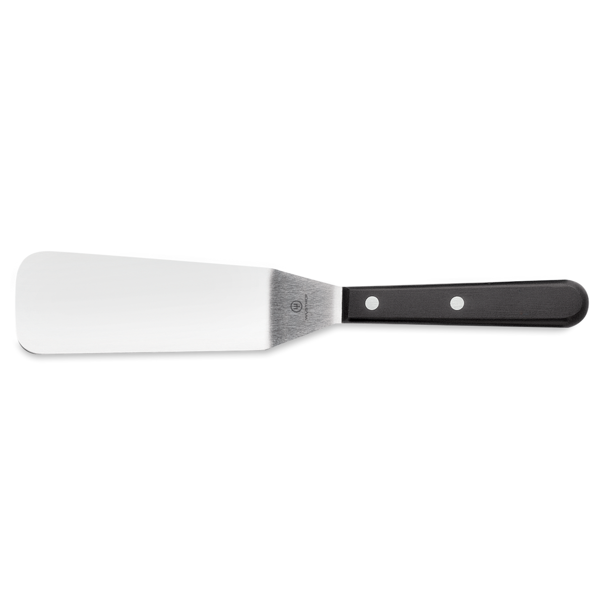 4 1/2" Offset Spatula with a polished stainless steel blade and a riveted black handle, designed for precise lifting and spreading in cooking tasks.