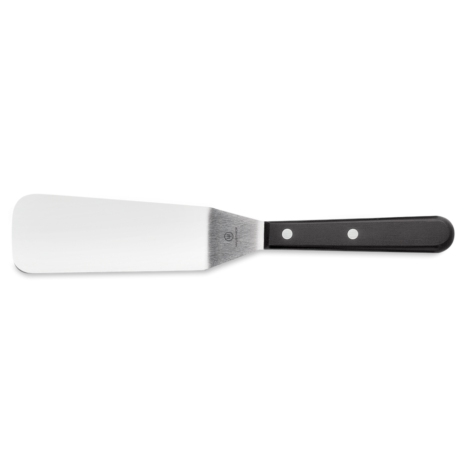 4 1/2" Offset Spatula with a polished stainless steel blade and a riveted black handle, designed for precise lifting and spreading in cooking tasks.