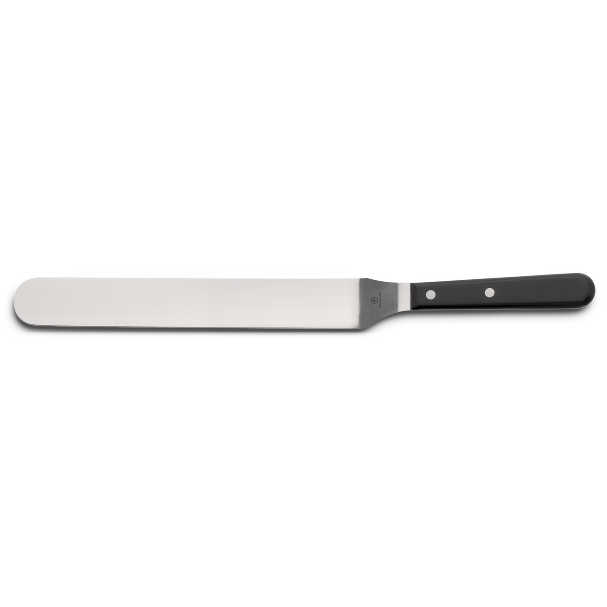10" Offset Turner with a polished stainless steel blade and a durable black handle secured by three rivets, designed for precise flipping and lifting in cooking tasks.
