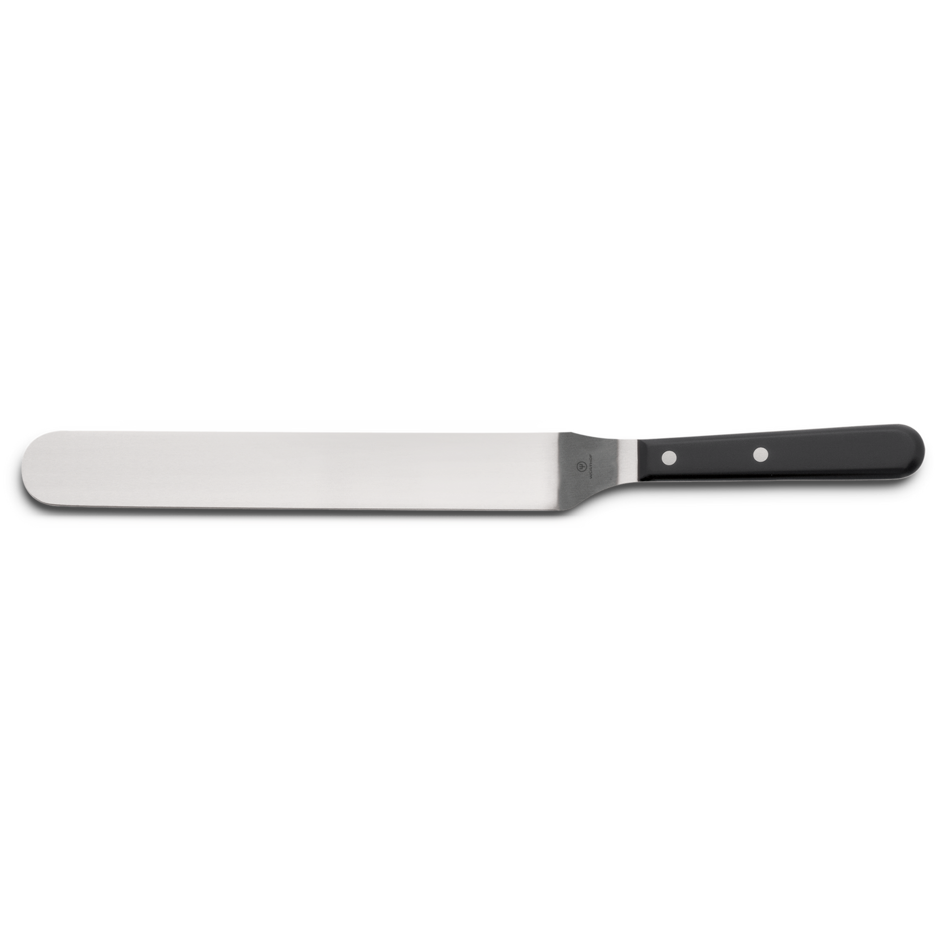 10" Offset Turner with a polished stainless steel blade and a durable black handle secured by three rivets, designed for precise flipping and lifting in cooking tasks.