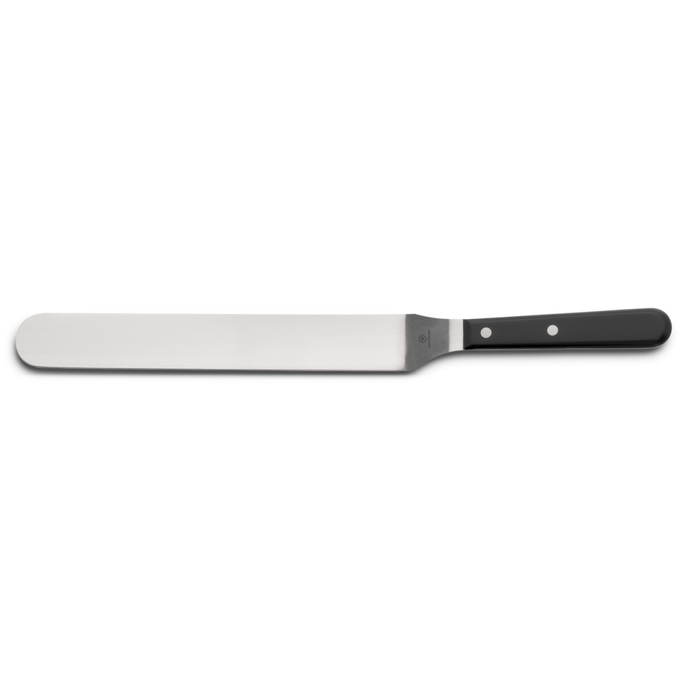 10" Offset Turner with a polished stainless steel blade and a durable black handle secured by three rivets, designed for precise flipping and lifting in cooking tasks.