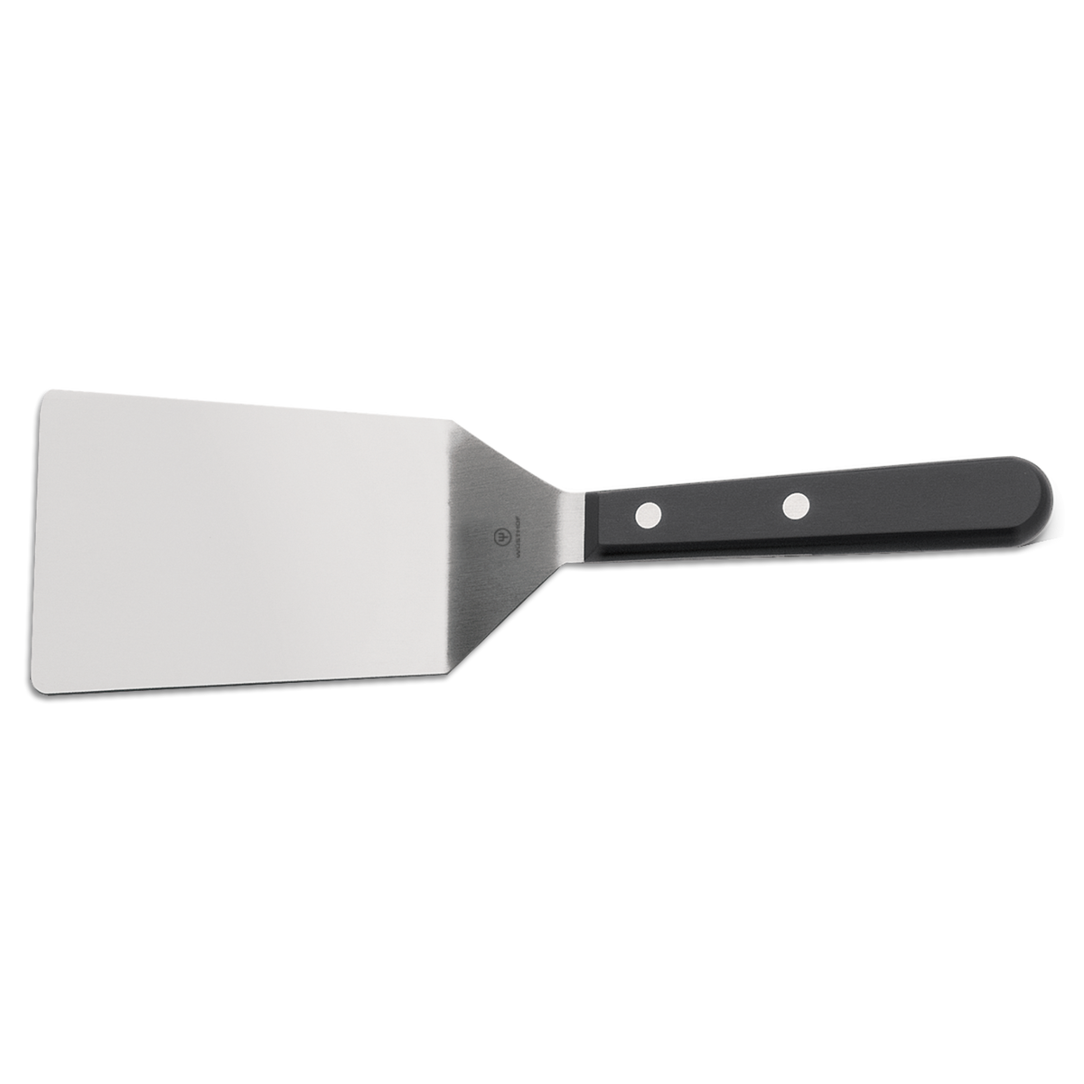 4 1/2" Offset Square Spatula featuring a polished stainless steel blade and a triple-riveted black handle for controlled flipping and lifting in cooking.
