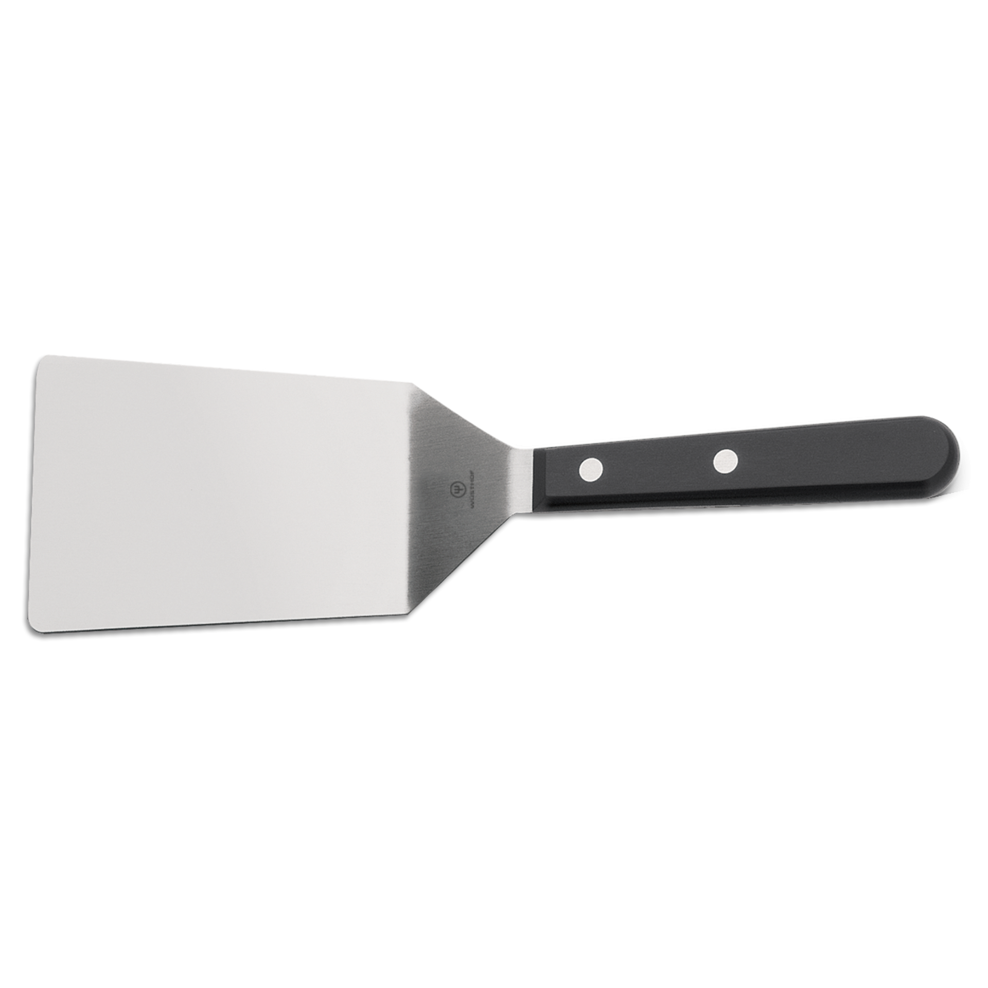 4 1/2" Offset Square Spatula featuring a polished stainless steel blade and a triple-riveted black handle for controlled flipping and lifting in cooking.