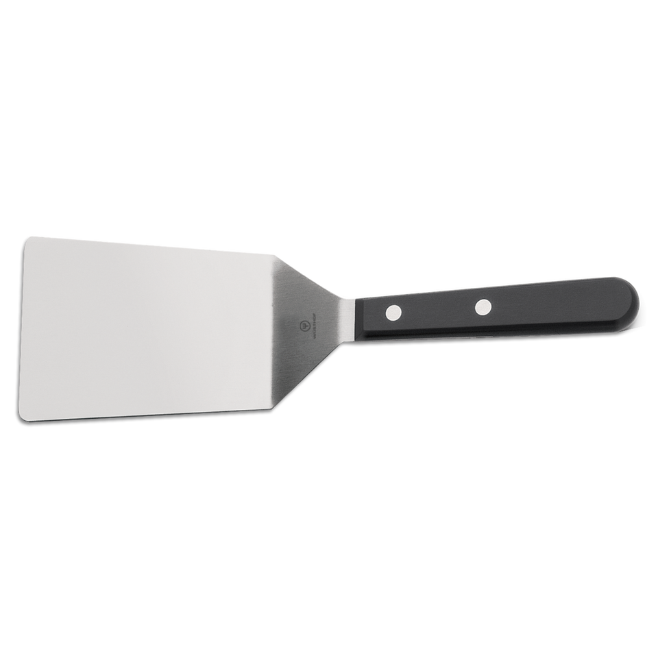 4 1/2" Offset Square Spatula featuring a polished stainless steel blade and a triple-riveted black handle for controlled flipping and lifting in cooking.