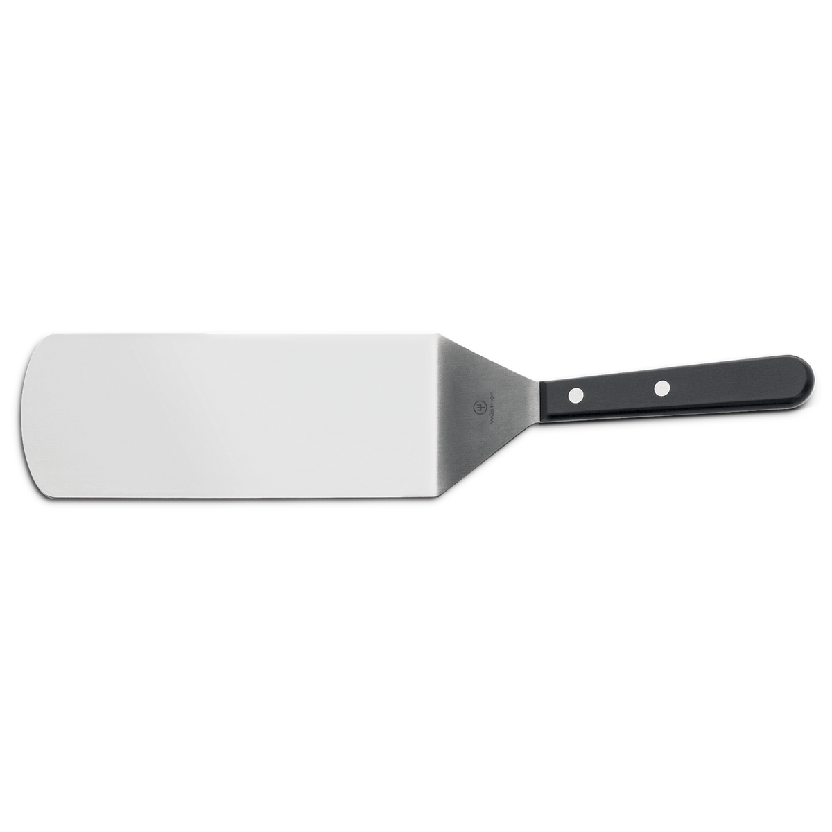 8" Offset Spatula with a wide, polished stainless steel blade and a black handle secured by three rivets, designed for precise flipping and lifting in cooking.
