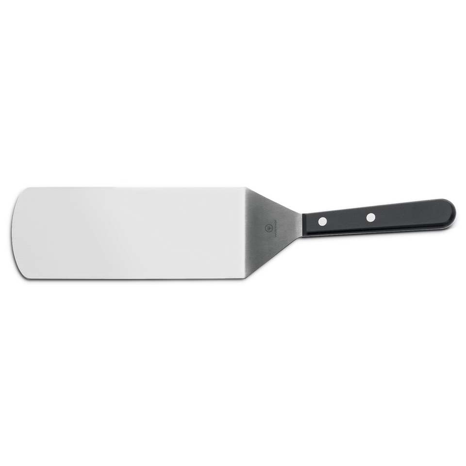 8" Offset Spatula with a wide, polished stainless steel blade and a black handle secured by three rivets, designed for precise flipping and lifting in cooking.