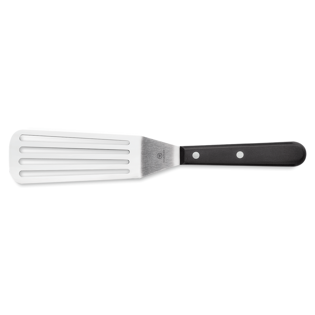 4 1/2" Slotted Spatula with a slotted stainless steel head and a black triple-riveted handle, designed for lifting and flipping foods with ease.
