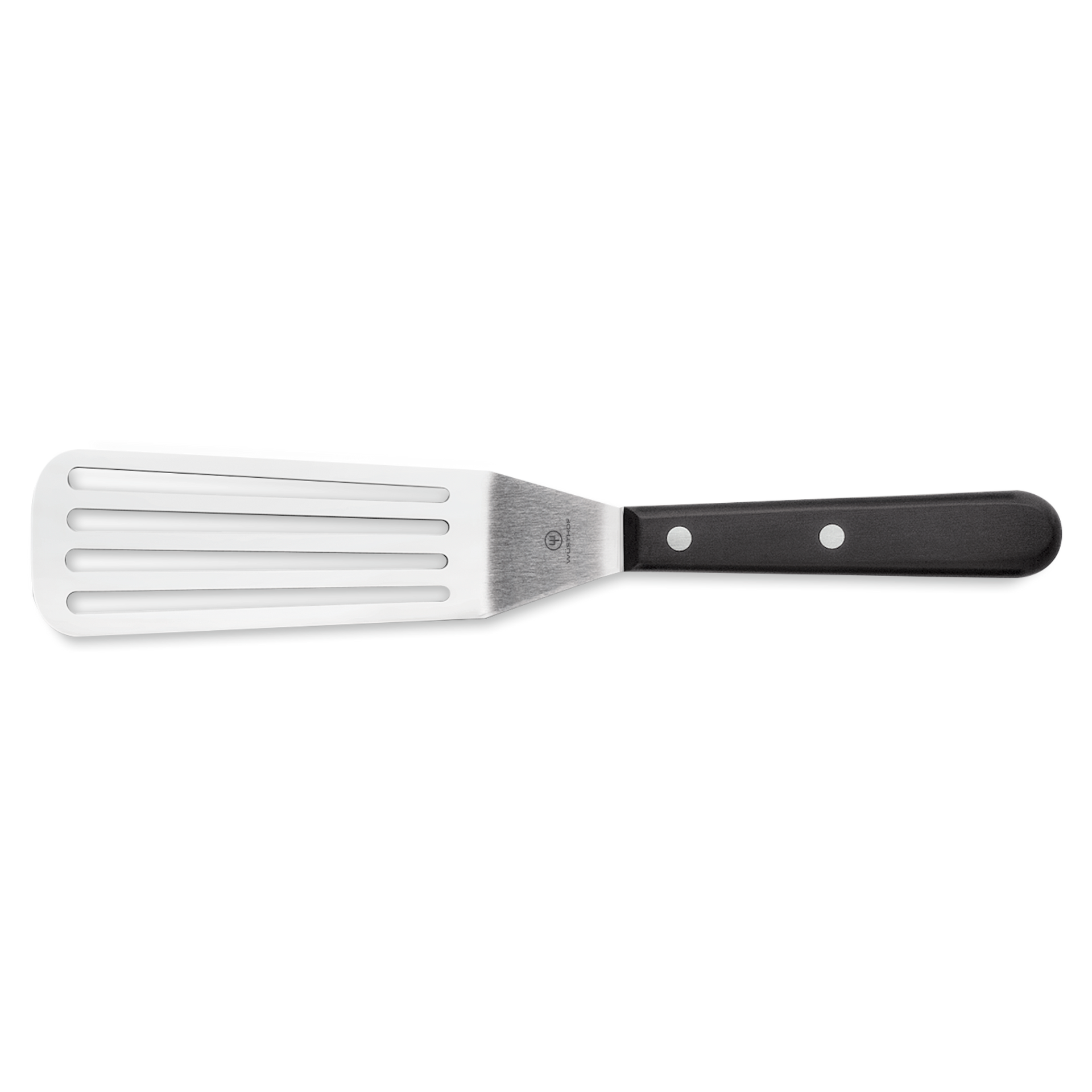 4 1/2" Slotted Spatula with a slotted stainless steel head and a black triple-riveted handle, designed for lifting and flipping foods with ease.