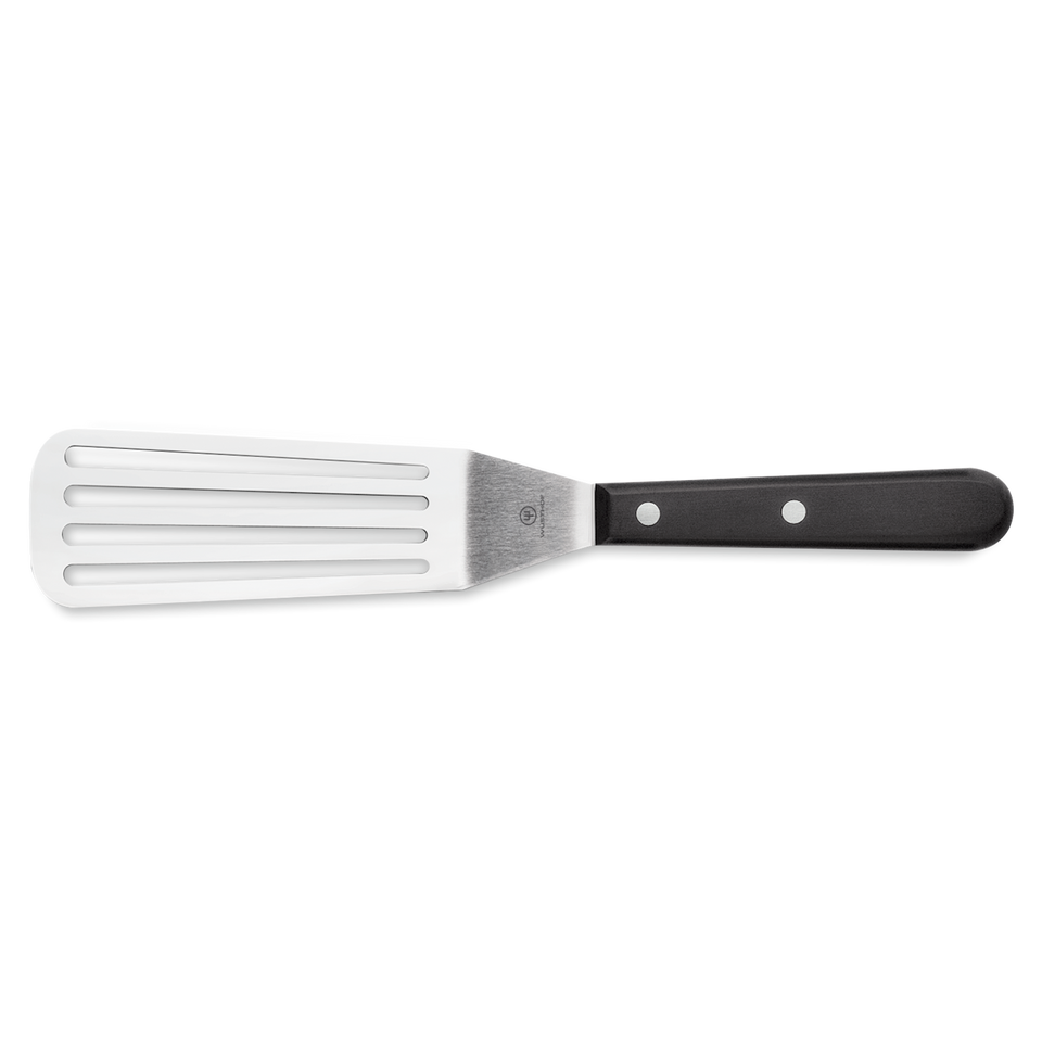 4 1/2" Slotted Spatula with a slotted stainless steel head and a black triple-riveted handle, designed for lifting and flipping foods with ease.
