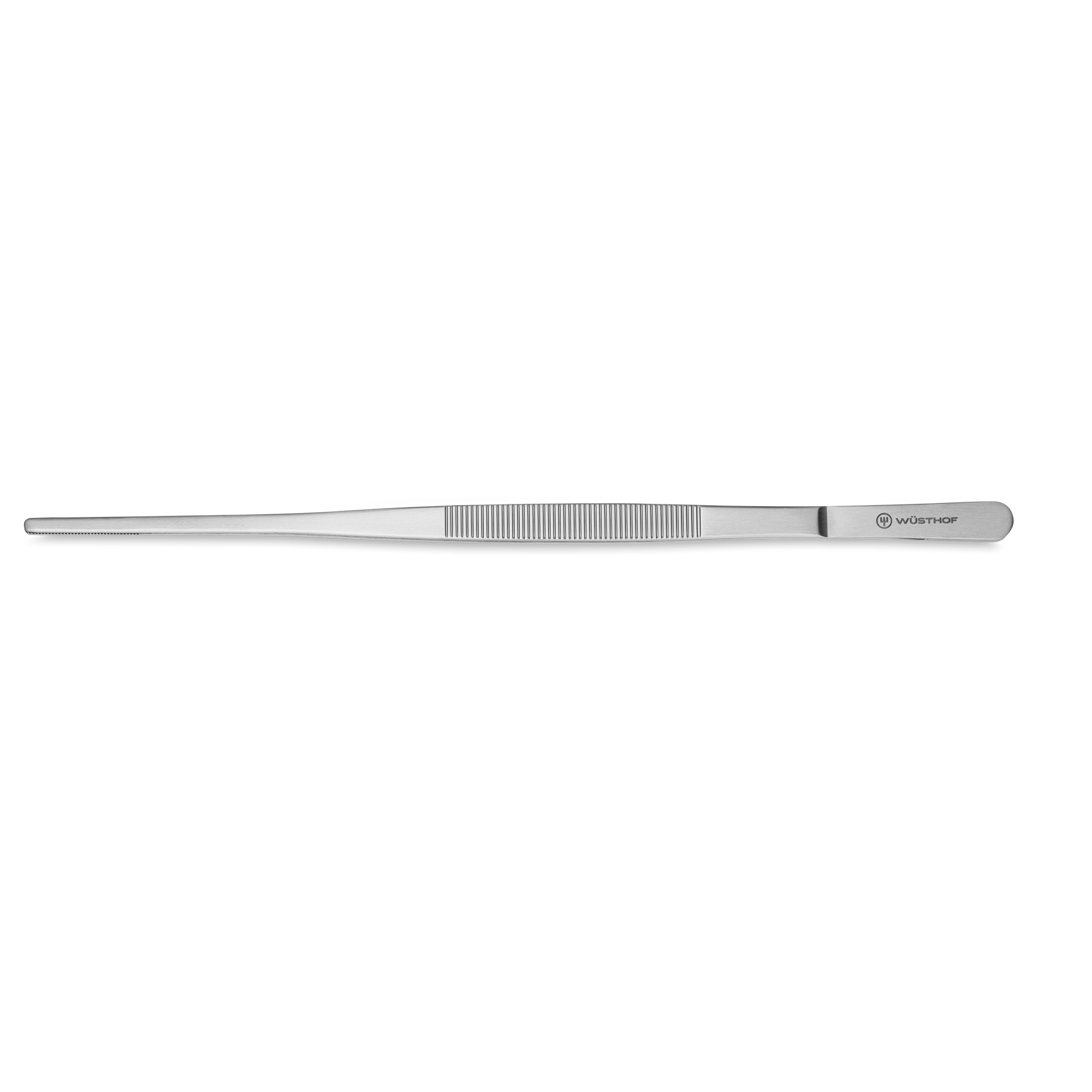 Plating Tongs made of polished stainless steel with slim, precise tips and textured grip, featuring the WÜSTHOF logo for professional food presentation.