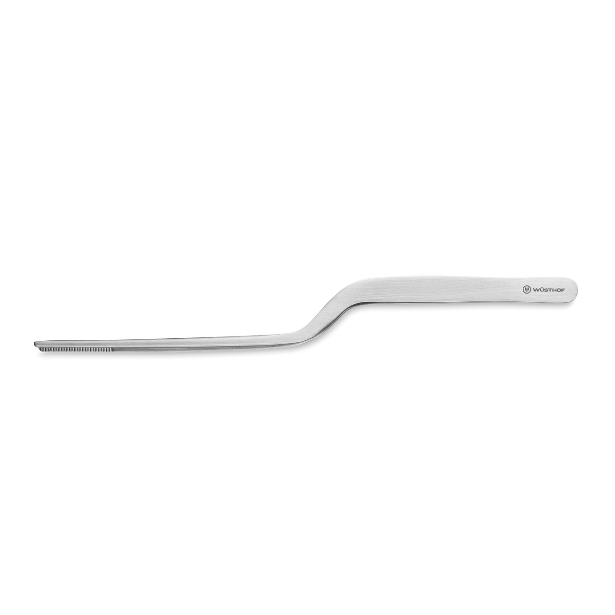 Gourmet Tweezers with a polished stainless steel body and ergonomic curve designed for precise handling in professional kitchen tasks.