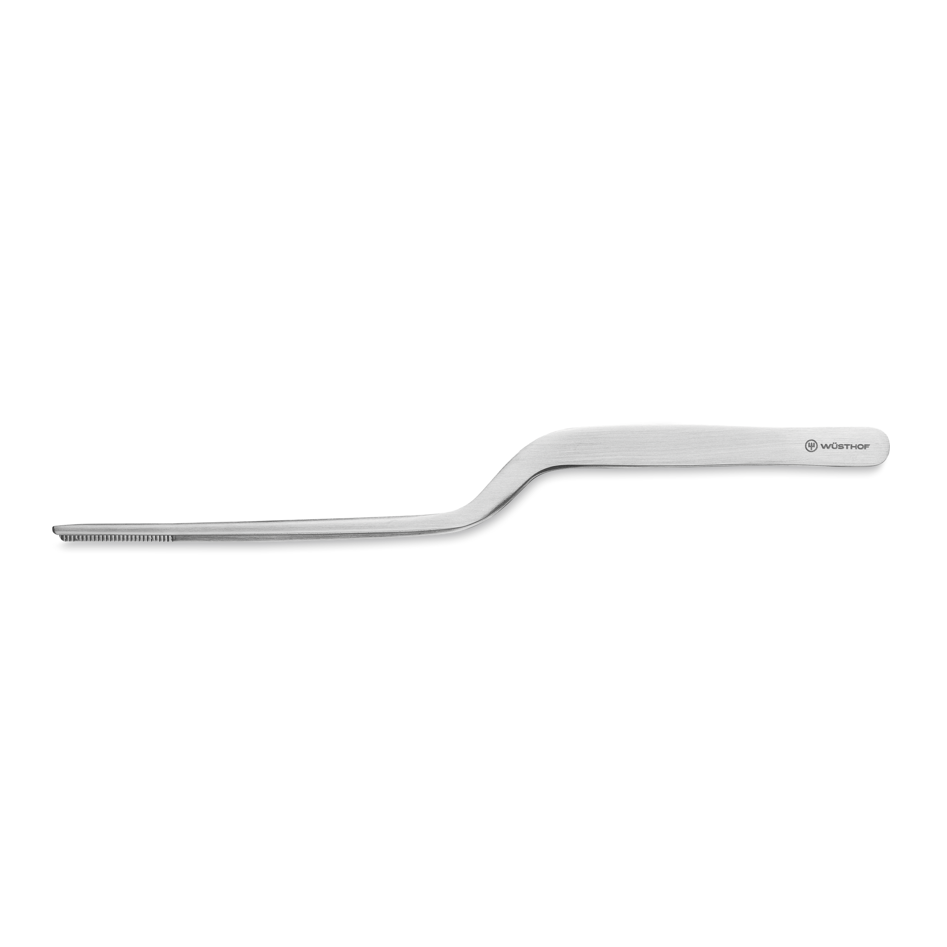 Gourmet Tweezers with a polished stainless steel body and ergonomic curve designed for precise handling in professional kitchen tasks.