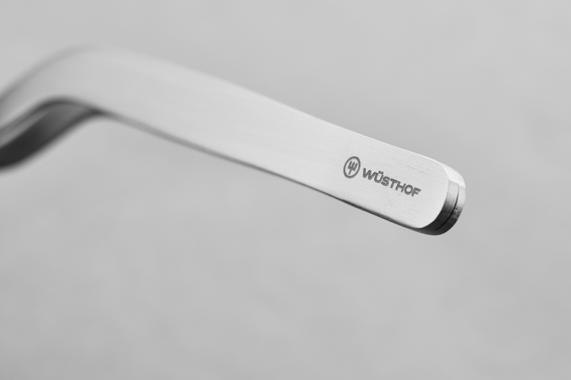 Gourmet Tweezers crafted from polished stainless steel with a subtle curve and branded engraving for precise kitchen detailing and handling.