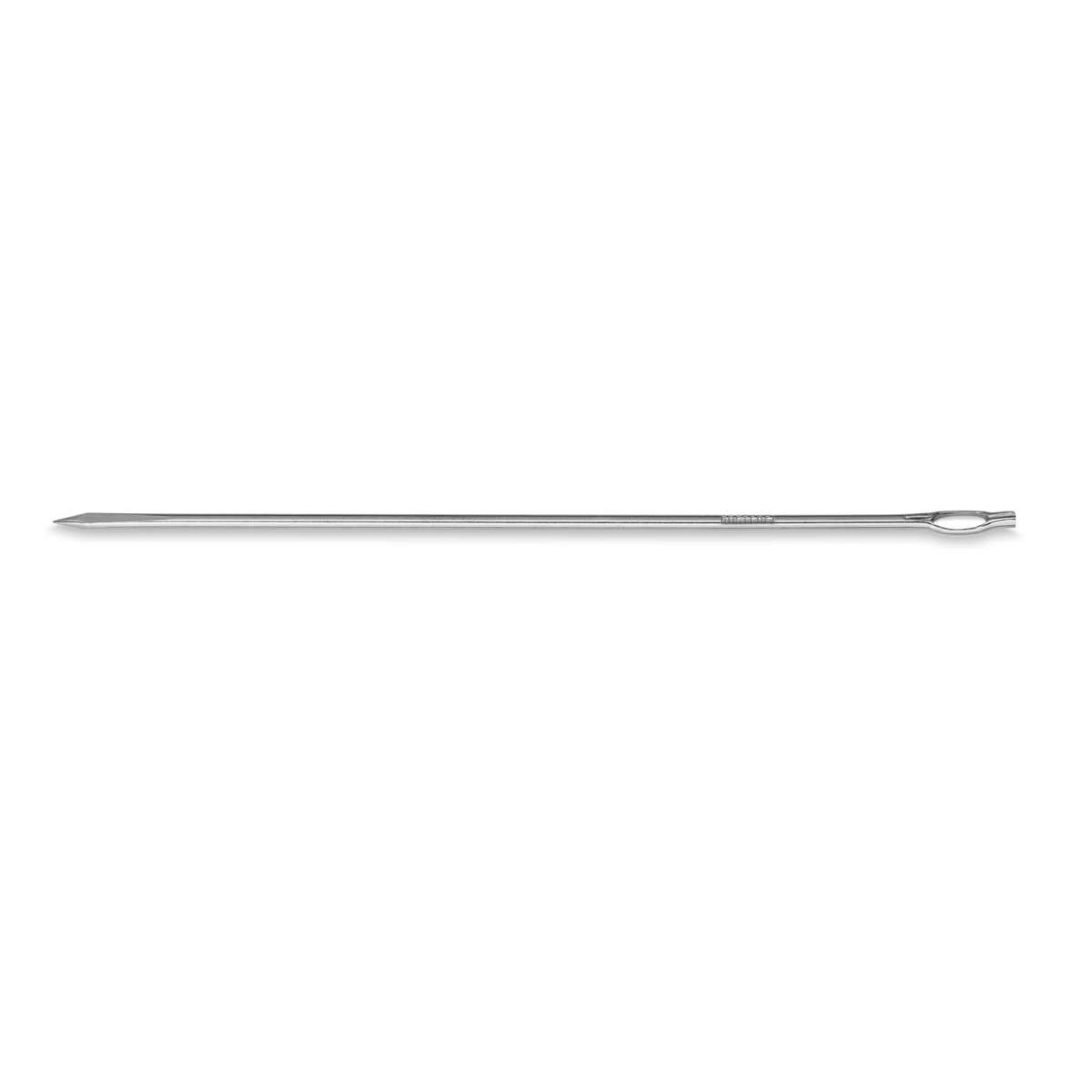 Trussing Needle made of polished stainless steel with a slim, smooth shaft and an eyelet for securing kitchen twine during food preparation.