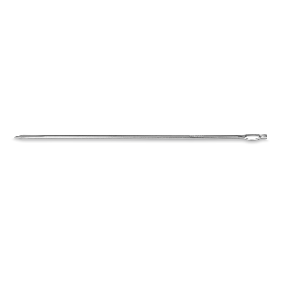 Trussing Needle made of polished stainless steel with a slim, smooth shaft and an eyelet for securing kitchen twine during food preparation.