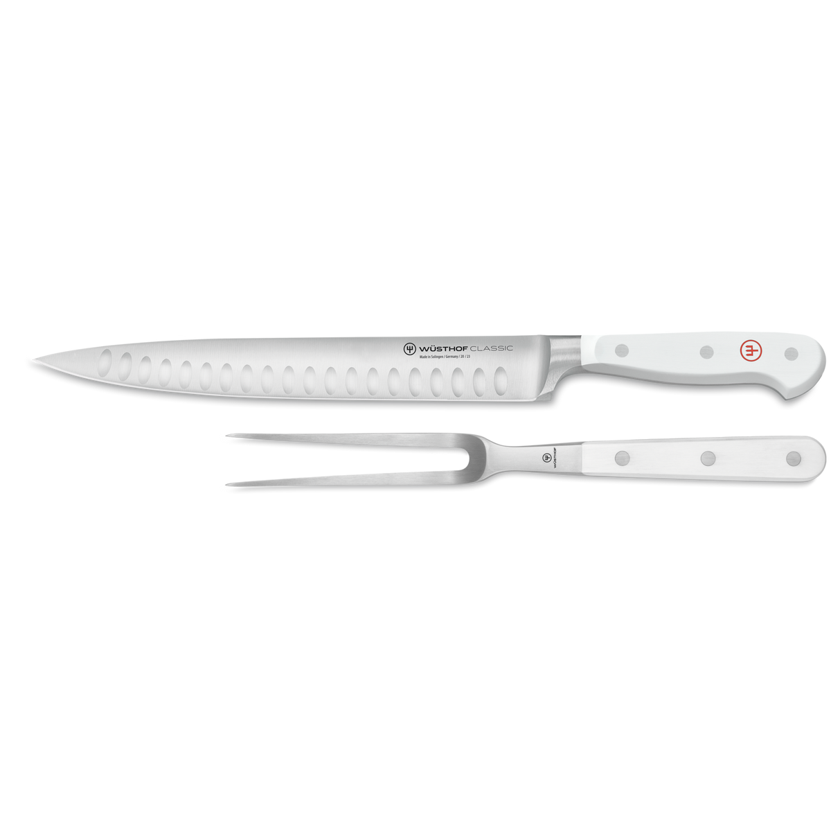 Classic 2-Piece Hollow Edge Carving Set featuring forged German blades with white ergonomic handles and hollow edges for smooth, precise slicing and carving.
