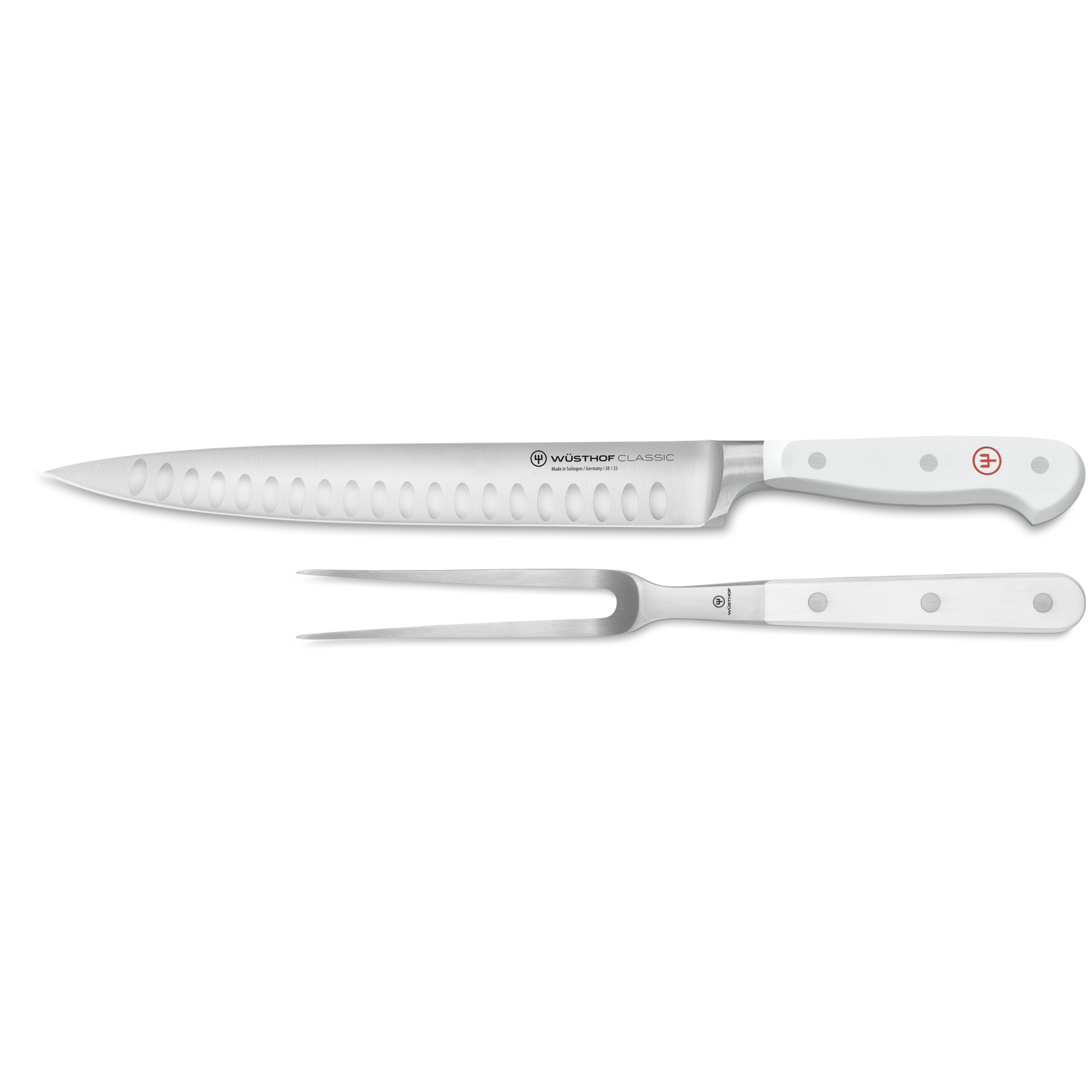 Classic 2-Piece Hollow Edge Carving Set featuring forged German blades with white ergonomic handles and hollow edges for smooth, precise slicing and carving.