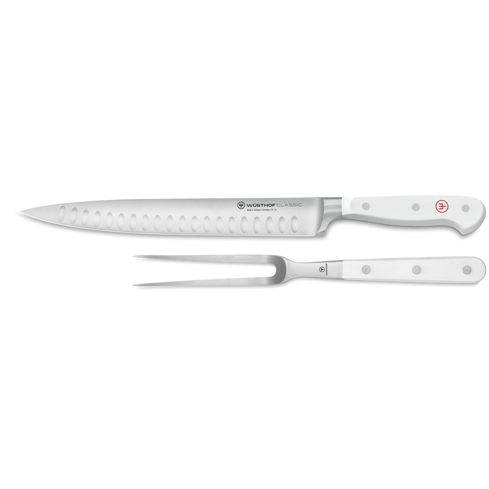 Classic 2-Piece Hollow Edge Carving Set featuring forged German blades with white ergonomic handles and hollow edges for smooth, precise slicing and carving.