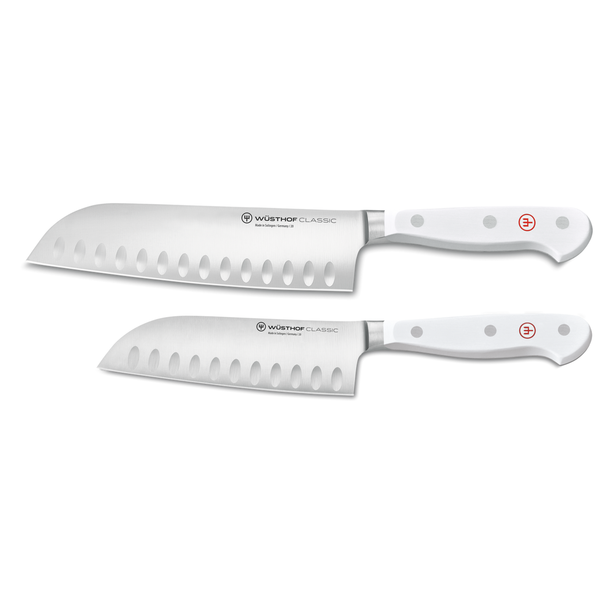 Classic 2-Piece Santoku Set featuring forged German knives with white handles and granton edges for precise, efficient cutting in the kitchen.