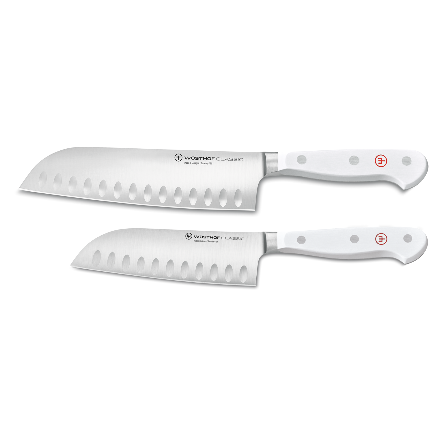 Classic 2-Piece Santoku Set featuring forged German knives with white handles and granton edges for precise, efficient cutting in the kitchen.