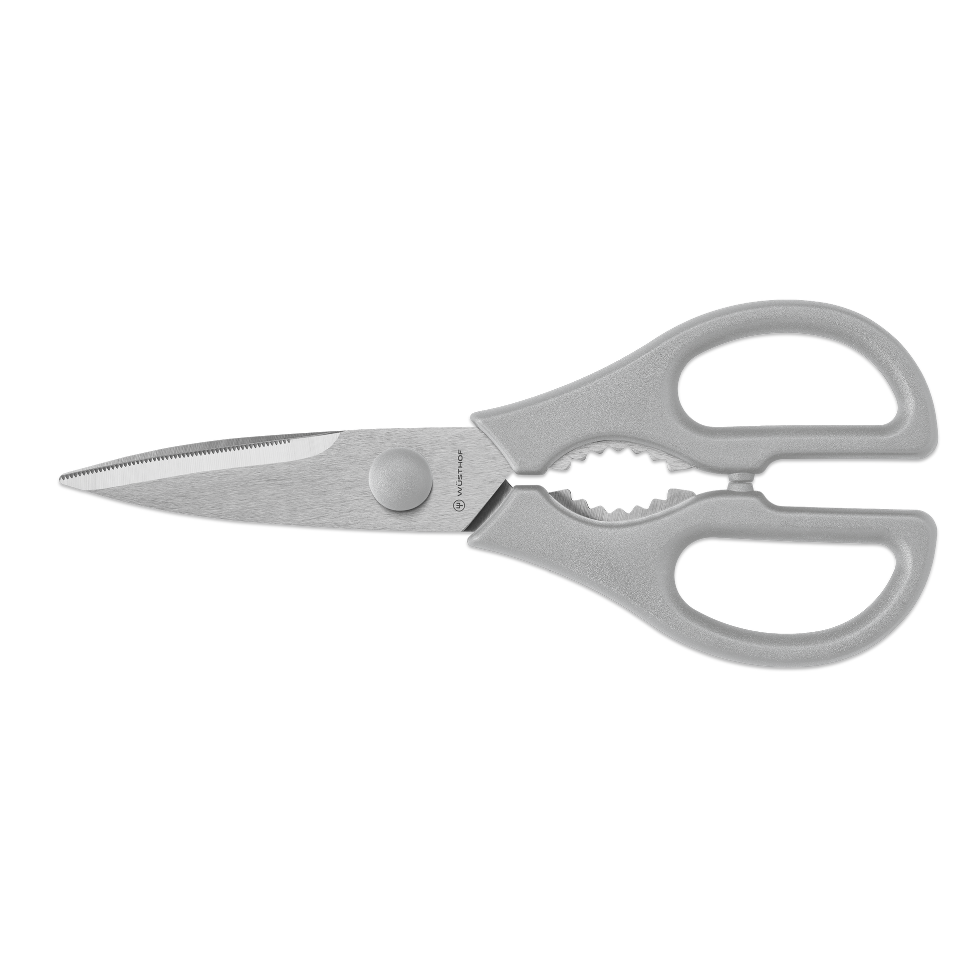 Pull-Apart Kitchen Shears with stainless steel blades featuring a serrated edge and light gray ergonomic handles designed for versatile kitchen tasks.