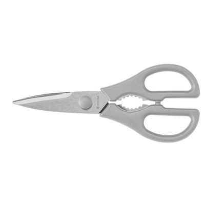Pull-Apart Kitchen Shears with stainless steel blades featuring a serrated edge and light gray ergonomic handles designed for versatile kitchen tasks.