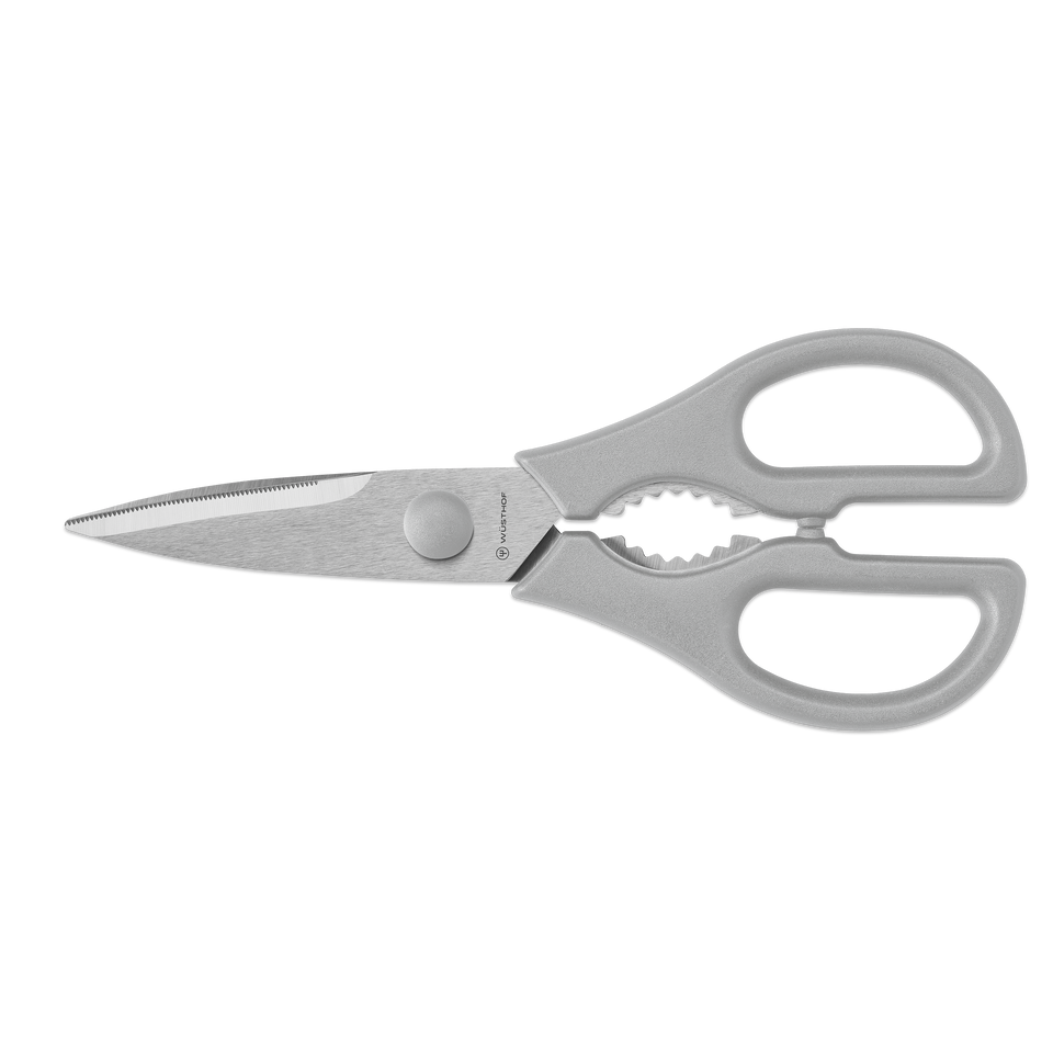 Pull-Apart Kitchen Shears with stainless steel blades featuring a serrated edge and light gray ergonomic handles designed for versatile kitchen tasks.