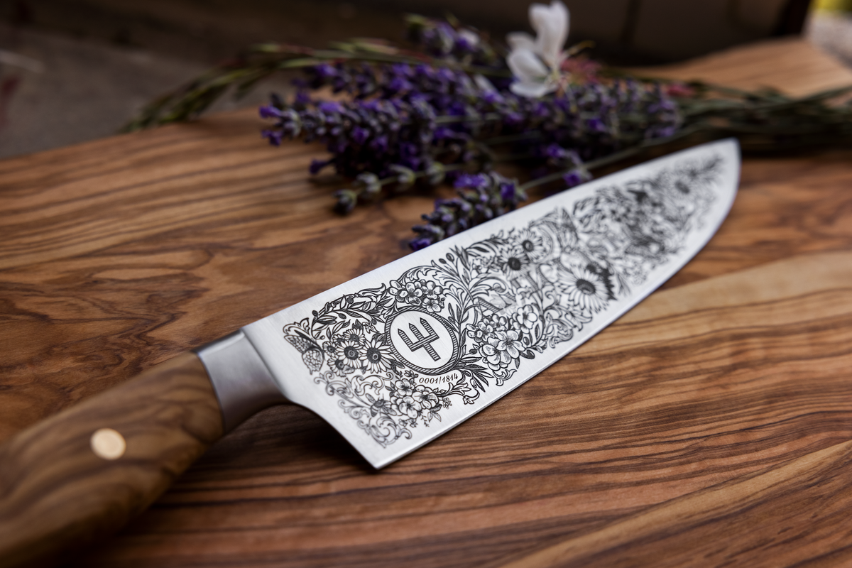 Amici 1814 forged kitchen knife blade with intricate floral and botanical engravings and a smooth olive wood handle with brass rivets.