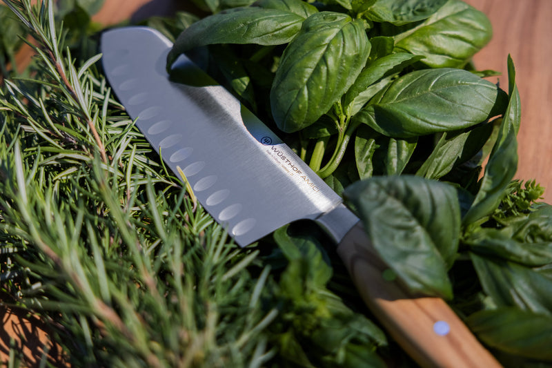 Amici 7" Hollow Edge Rotoku featuring a forged stainless steel blade with hollow scallops and a light wooden handle resting on fresh herbs.
