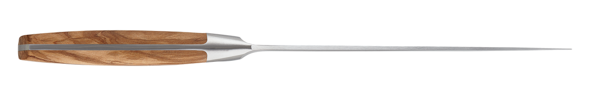 Side view of the "Amici 8" Chef's Knife showcasing its full tang forged stainless steel blade and smooth olive wood handle with metal rivets.