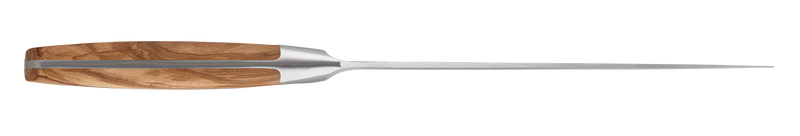 Side view of the "Amici 8" Chef's Knife showcasing its full tang forged stainless steel blade and smooth olive wood handle with metal rivets.
