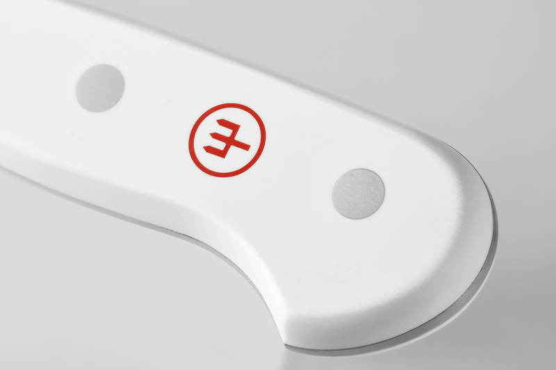 Handle close-up of the Classic 2-Piece Santoku Set featuring a white grip with rivets and the red WÜSTHOF logo on a forged German kitchen knife.