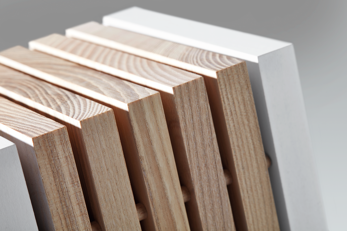 Classic Designer Knife Block showing close-up of smooth wooden slats with natural grain details and a white outer frame for secure knife storage.