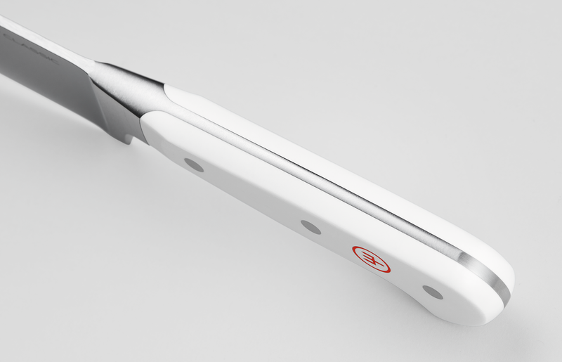 Classic 2-Piece Santoku Set featuring a close-up of a white ergonomic handle with rivets and a red WÜSTHOF logo on a forged German kitchen knife.
