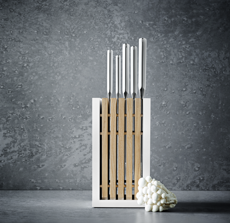 Classic Designer Knife Block with vertical natural wood slats and white outer frame, holding stainless steel knives with polished handles.