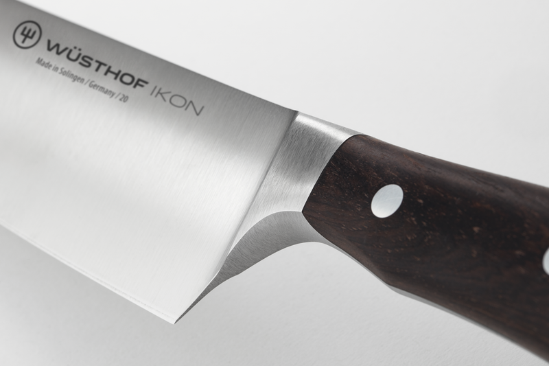 Ikon 9" Chef's Knife with brushed forged German steel blade and dark polished wooden handle featuring a half bolster for balanced grip and control.
