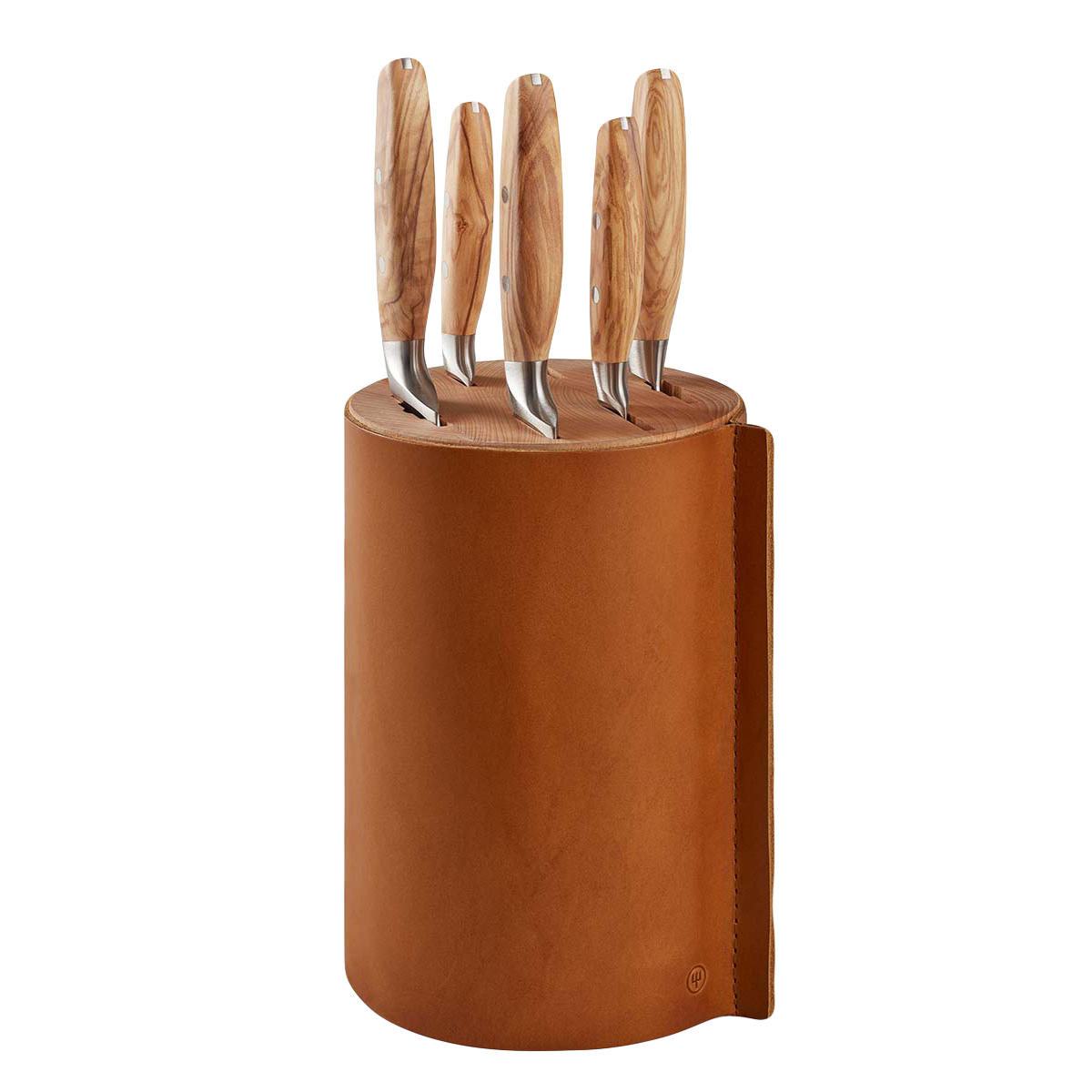 Villa 6-Piece Knife Block Set with natural wood handles and stainless steel blades, housed in a sleek cylindrical leather knife block for organized storage.